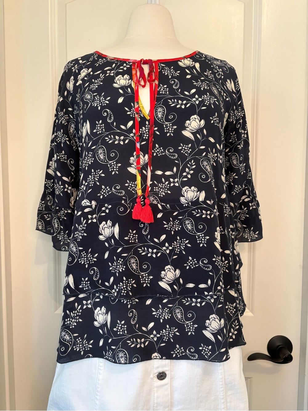 Jade by Johnn Was Navy Floral Peasant Blouse with Tie Neck and Ruffled Sleeves